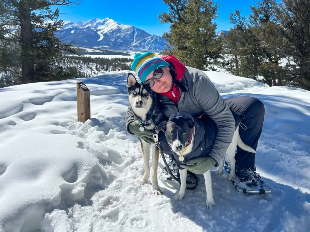 Woman on snowshoes in front of snowy mountains with two dogs