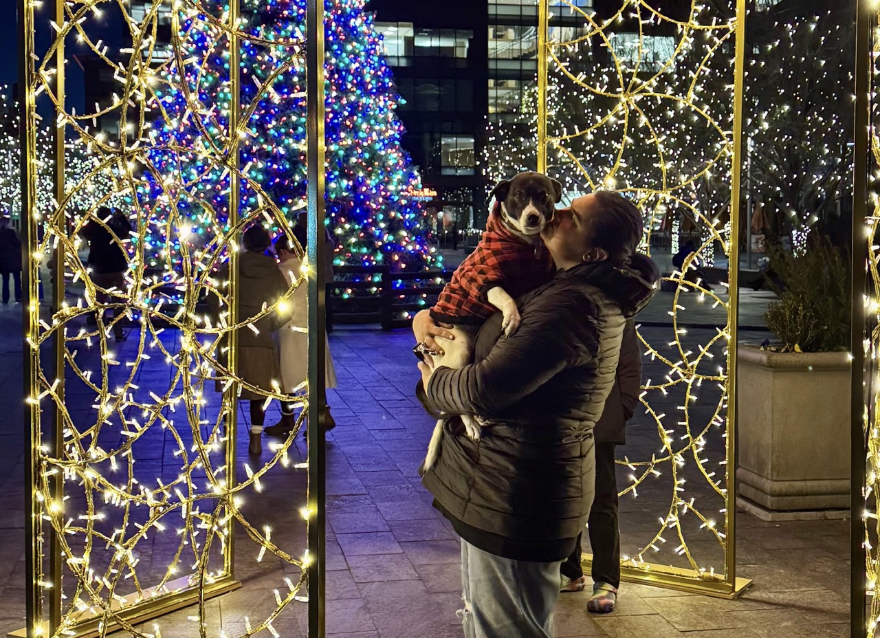 Woman holding dog in the middle of colorful Christmas lights