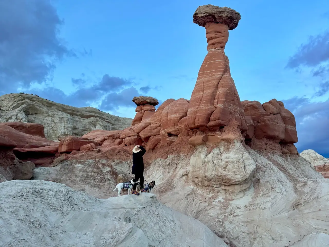 Woman and two dogs in front of Toadstool Hoodoos in Grand Staircase Escalante National Monument, Utah